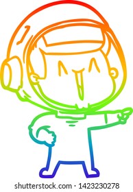 rainbow gradient line drawing of a happy cartoon astronaut pointing