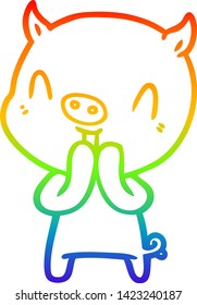 rainbow gradient line drawing of a happy cartoon pig