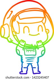 dibujo de una línea de gradiente de arco iris de un alegre astronauta de caricatura