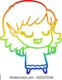 rainbow gradient line drawing of a happy cartoon elf girl