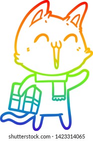 rainbow gradient line drawing of a happy cartoon cat with christmas gift