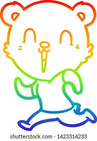 dibujo de una línea de gradiente de arco iris de un feliz oso de dibujos animados corriendo