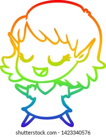dibujo de la línea de gradiente del arco iris de una joven elfo de caricatura feliz