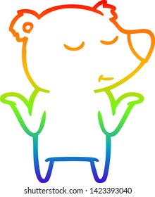 dibujo de una línea de gradiente arco iris de un oso de dibujos animados feliz encogiéndose hombros