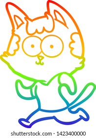dibujo de una línea de gradiente de arco iris de un gato alegre de dibujos animados jogging