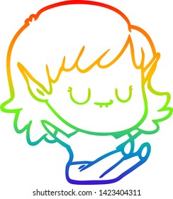 rainbow gradient line drawing of a happy cartoon elf girl sitting