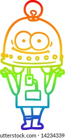 dibujo de una línea de gradiente arco iris de un robot de cartón feliz con bombilla