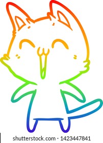 dibujo de una línea de gradiente de arco iris de un felino de caricatura alegre maullando