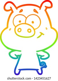 dibujo de una línea de gradiente de arco iris de un cerdo de caricatura feliz