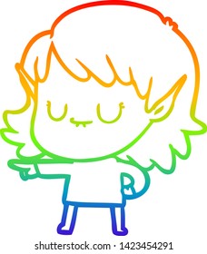 rainbow gradient line drawing of a happy cartoon elf girl