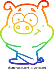rainbow gradient line drawing of a happy cartoon pig