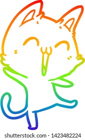 dibujo de una línea de gradiente de arco iris de un felino de caricatura alegre maullando