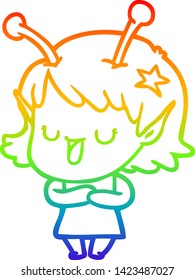 rainbow gradient line drawing of a happy alien girl cartoon
