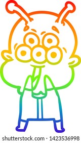 rainbow gradient line drawing of a happy cartoon alien gasping in surprise