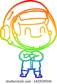 rainbow gradient line drawing of a happy cartoon astronaut man