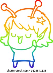 rainbow gradient line drawing of a happy alien girl cartoon laughing