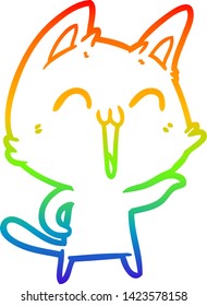 dibujo de una línea de gradiente de arco iris de un gato de dibujos animados feliz