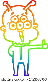 rainbow gradient line drawing of a happy cartoon alien