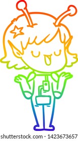 rainbow gradient line drawing of a happy alien girl cartoon