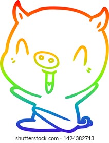 rainbow gradient line drawing of a happy cartoon sitting pig