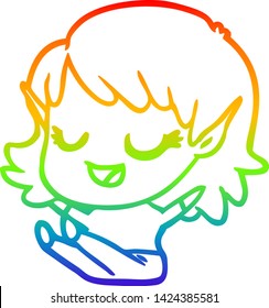 dibujo de la línea del gradiente del arcoiris de una alegre elfo de dibujos animados sentada