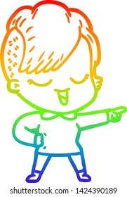 rainbow gradient line drawing of a happy cartoon girl pointing