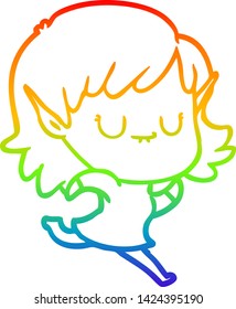 dibujo de la línea de gradiente del arco iris de una joven elfo de dibujos animados feliz corriendo