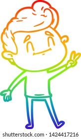 rainbow gradient line drawing of a happy cartoon man giving a peace sign