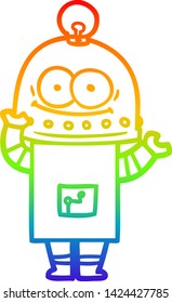 rainbow gradient line drawing of a happy carton robot with light bulb