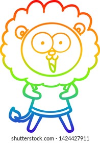 dibujo de una línea de gradiente de arco iris de un feliz león de caricatura