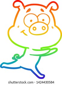 dibujo de una línea de gradiente de arco iris de un cerdo de caricatura feliz