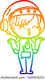 rainbow gradient line drawing of a happy cartoon space girl shrugging shoulders