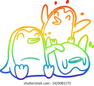 desenho de linha de gradiente do arco-íris de um pinguins feliz