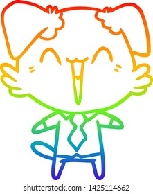 dibujo de una línea de gradiente de arco iris de una caricatura de perro de oficina feliz