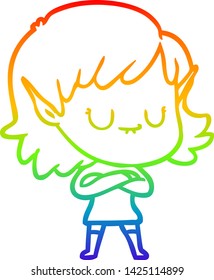 rainbow gradient line drawing of a happy cartoon elf girl