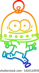 dibujo de una línea de gradiente arco iris de un robot de cartón feliz con bombilla