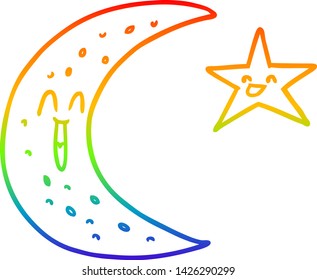 dibujo de la línea de gradiente del arco iris de una luna de dibujos animados y una estrella