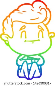 dibujo de una línea de gradiente de arco iris de un hombre de dibujos animados feliz sentado