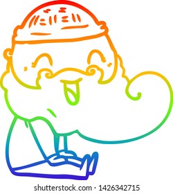 rainbow gradient line drawing of a happy bearded man sat down laughing