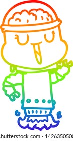rainbow gradient line drawing of a happy cartoon robot flying
