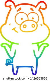 rainbow gradient line drawing of a happy cartoon pig