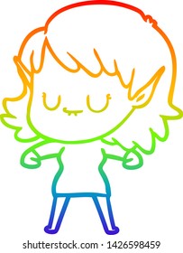 rainbow gradient line drawing of a happy cartoon elf girl