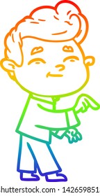 dibujo de una línea de gradiente de arco iris de un hombre de dibujos animados alegre señalando