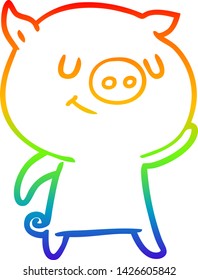 rainbow gradient line drawing of a happy cartoon pig