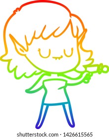 rainbow gradient line drawing of a happy cartoon elf girl
