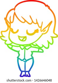 rainbow gradient line drawing of a happy cartoon elf girl