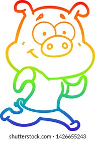 rainbow gradient line drawing of a happy cartoon pig running