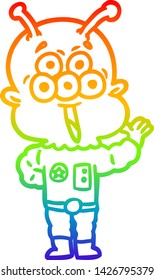 dibujo de una línea de gradiente de arco iris de una alegre caricatura alienígena ondear