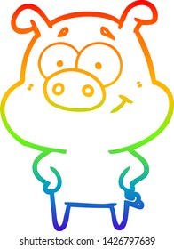 rainbow gradient line drawing of a happy cartoon pig