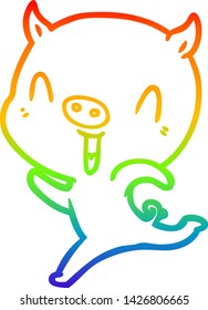 rainbow gradient line drawing of a happy cartoon pig running